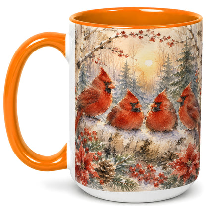 #pl[15oz|Orange] Winter Cardinal Family Coffee Mug, Snowy Red Bird Mug, Ceramic Cup