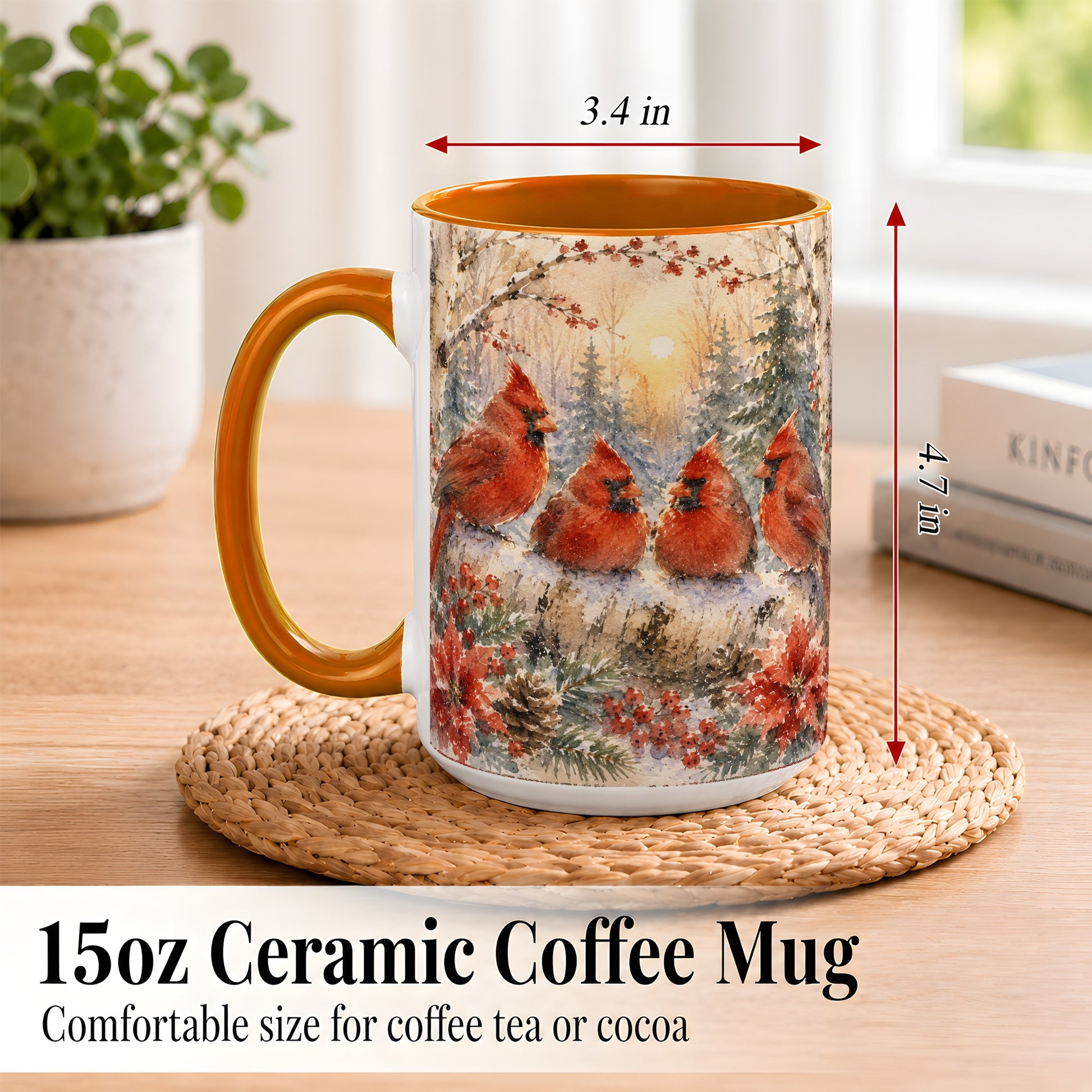 #pl[15oz|Orange] Winter Cardinal Family Coffee Mug, Snowy Red Bird Mug, Ceramic Cup