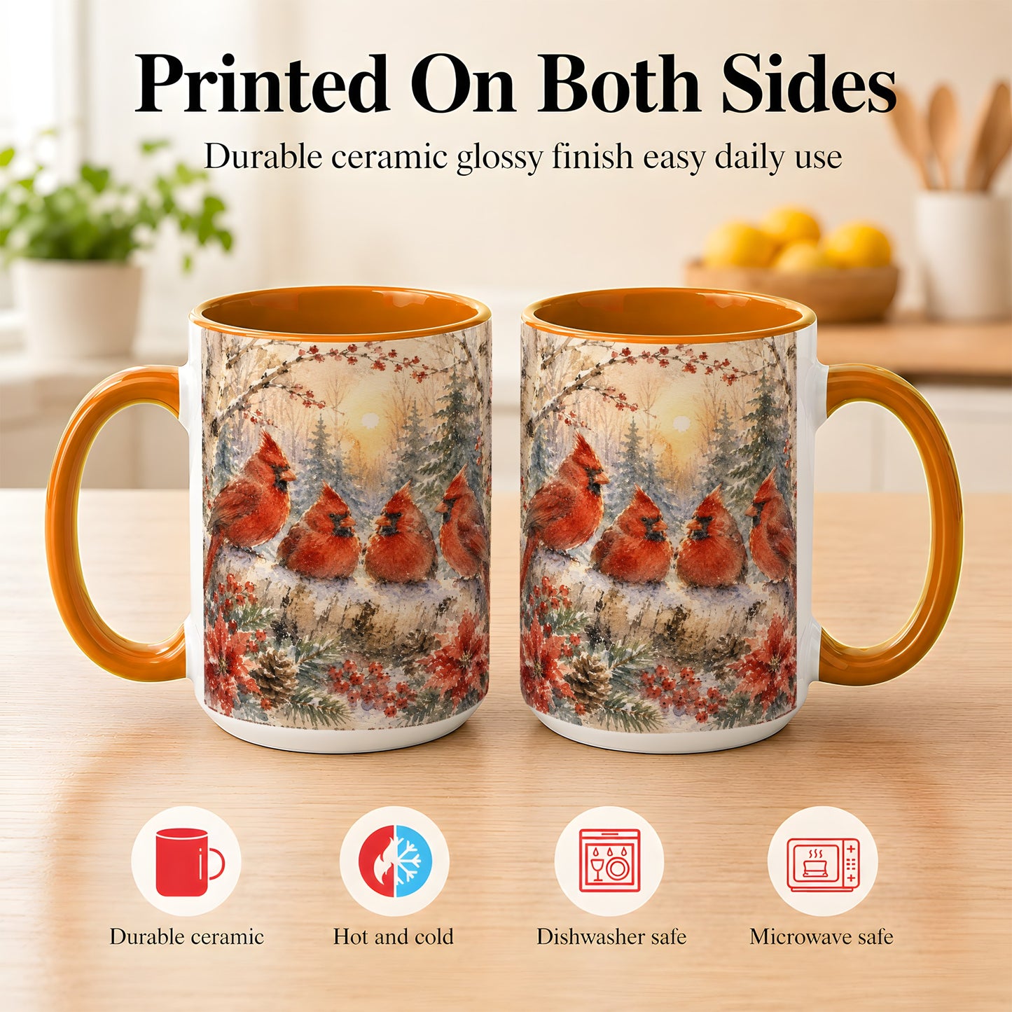 #pl[15oz|Orange] Winter Cardinal Family Coffee Mug, Snowy Red Bird Mug, Ceramic Cup