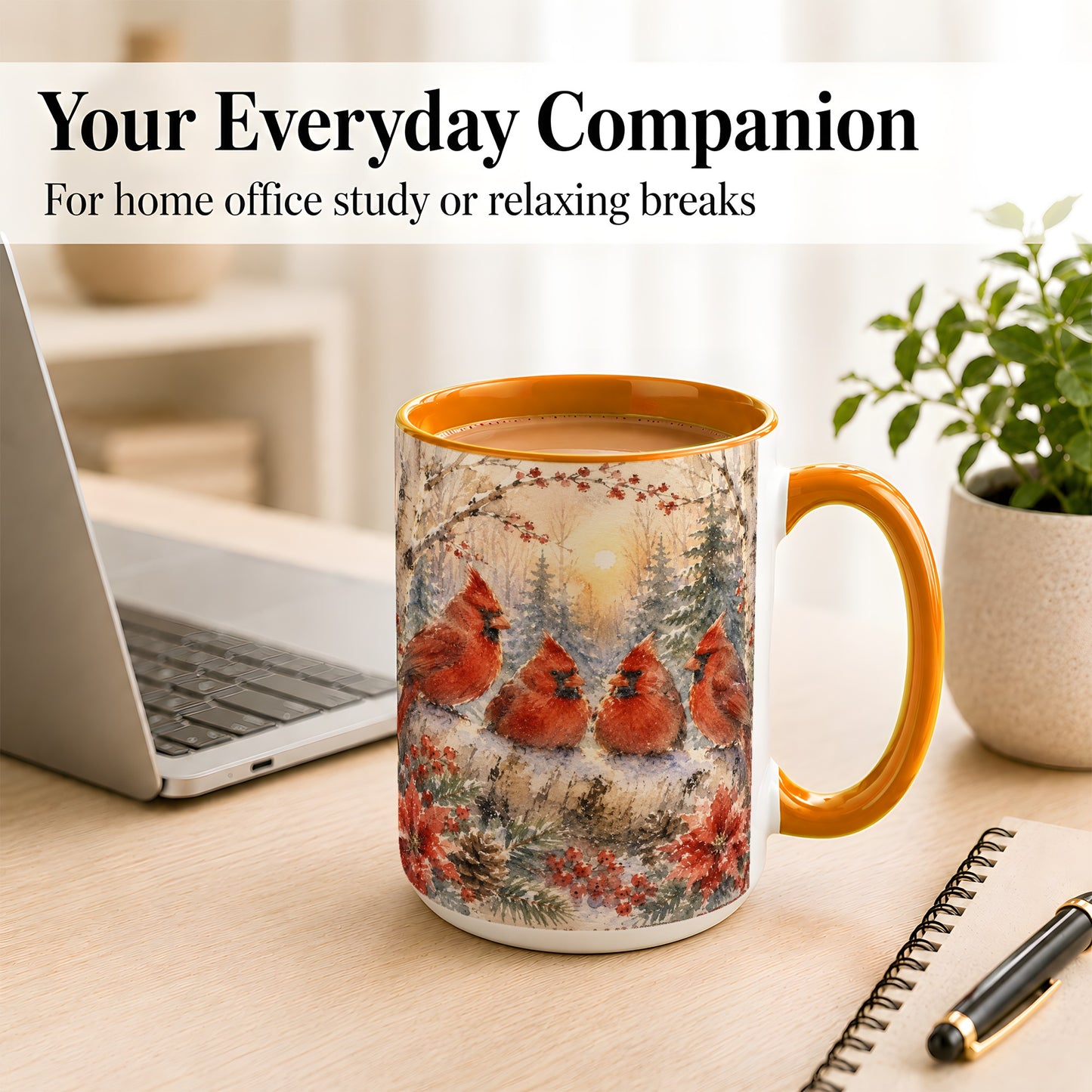 #pl[15oz|Orange] Winter Cardinal Family Coffee Mug, Snowy Red Bird Mug, Ceramic Cup