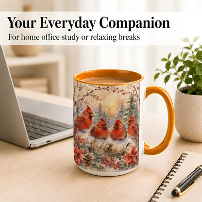 #pl[15oz|Orange] Winter Cardinal Family Coffee Mug, Snowy Red Bird Mug, Ceramic Cup