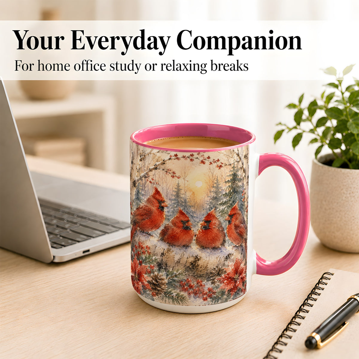 #pl[15oz|Pink] Winter Cardinal Family Coffee Mug, Snowy Red Bird Mug, Ceramic Cup