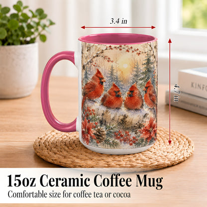 #pl[15oz|Pink] Winter Cardinal Family Coffee Mug, Snowy Red Bird Mug, Ceramic Cup