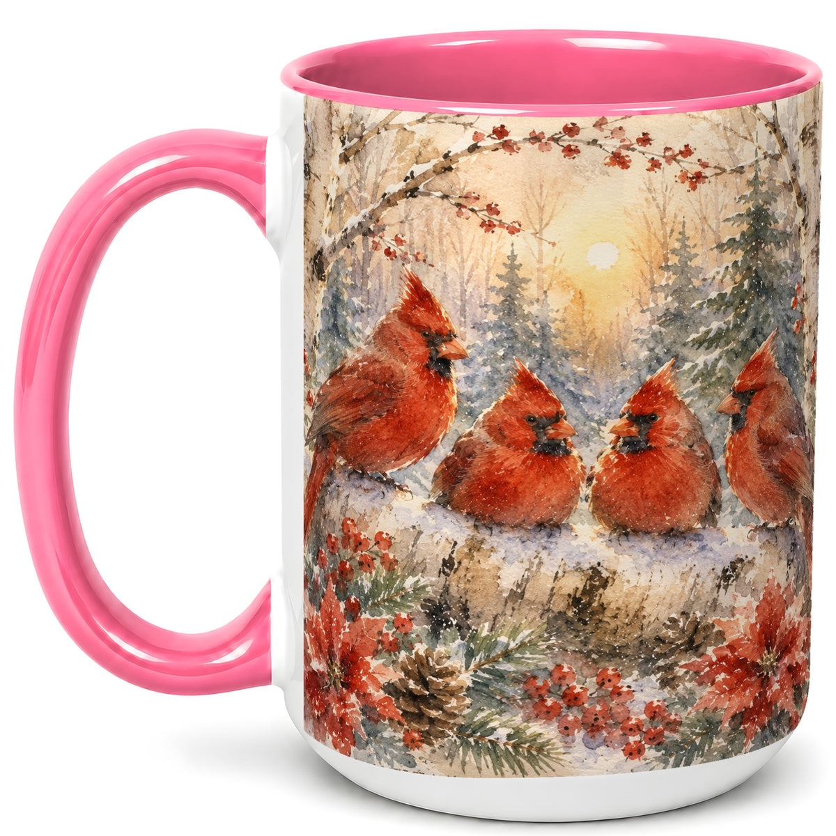 #pl[15oz|Pink] Winter Cardinal Family Coffee Mug, Snowy Red Bird Mug, Ceramic Cup