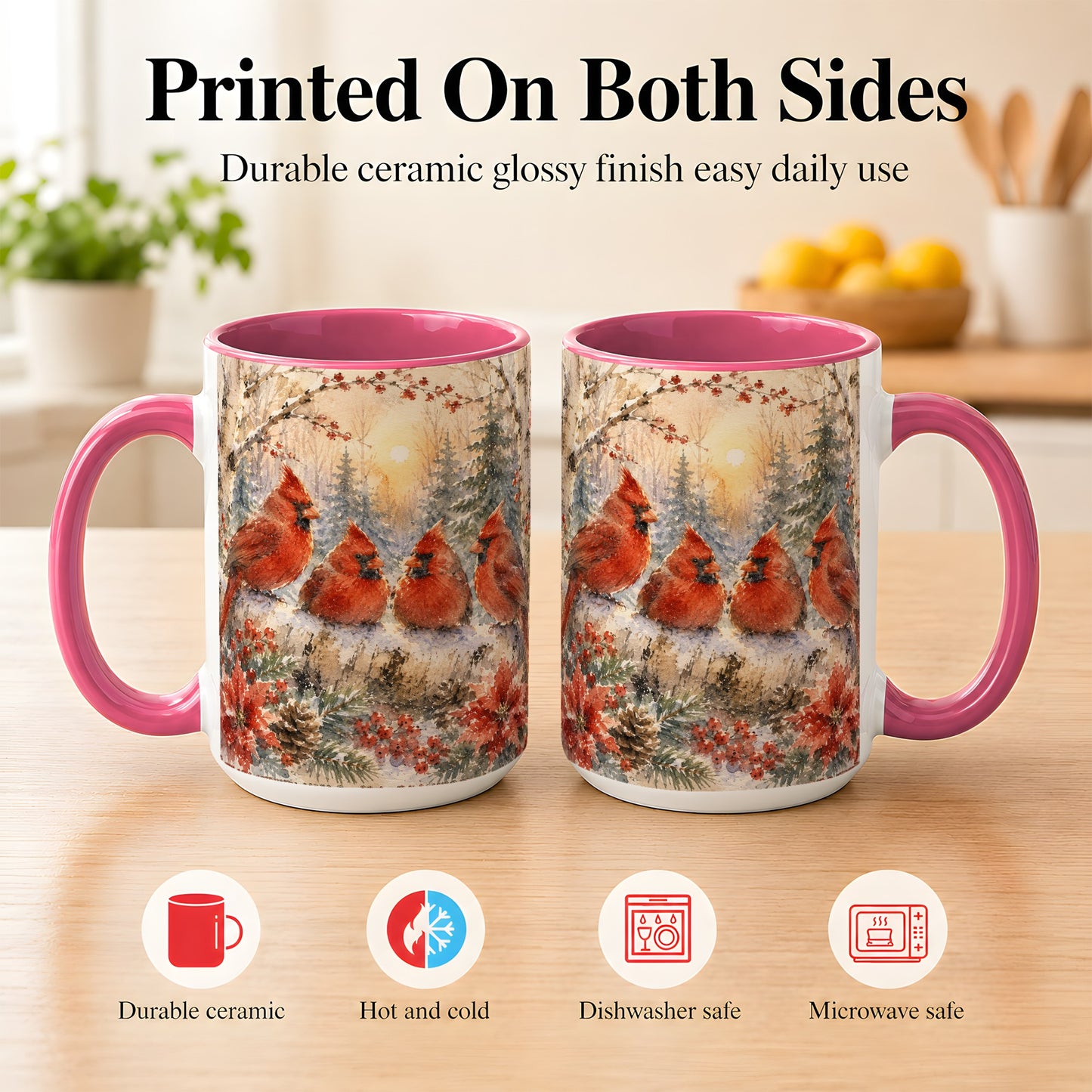 #pl[15oz|Pink] Winter Cardinal Family Coffee Mug, Snowy Red Bird Mug, Ceramic Cup