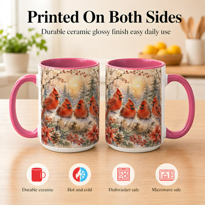 #pl[15oz|Pink] Winter Cardinal Family Coffee Mug, Snowy Red Bird Mug, Ceramic Cup