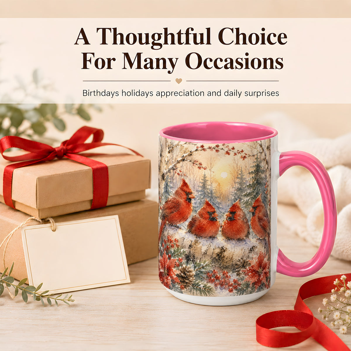 #pl[15oz|Pink] Winter Cardinal Family Coffee Mug, Snowy Red Bird Mug, Ceramic Cup