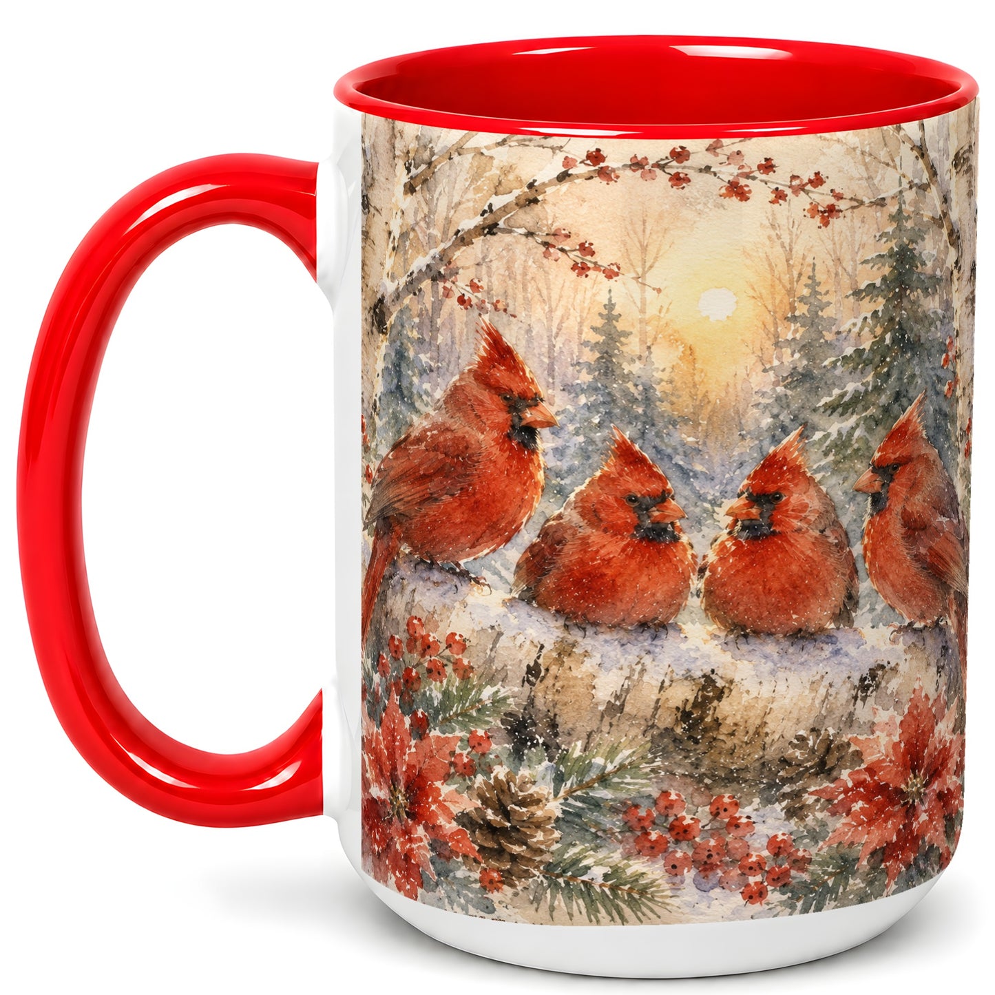 #pl[15oz|Red] Winter Cardinal Family Coffee Mug, Snowy Red Bird Mug, Ceramic Cup