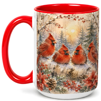 #pl[15oz|Red] Winter Cardinal Family Coffee Mug, Snowy Red Bird Mug, Ceramic Cup