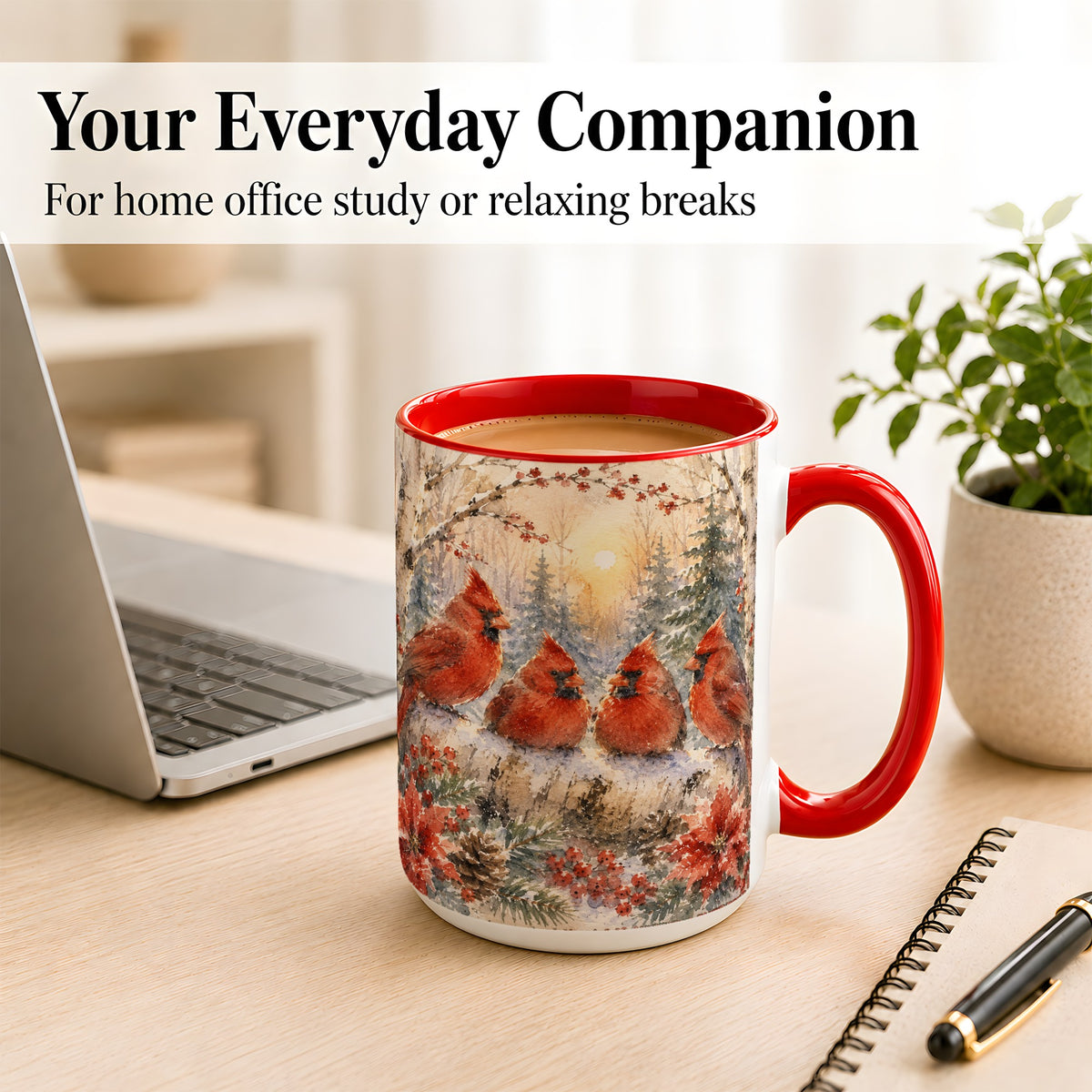 #pl[15oz|Red] Winter Cardinal Family Coffee Mug, Snowy Red Bird Mug, Ceramic Cup