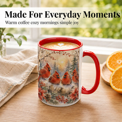 #pl[15oz|Red] Winter Cardinal Family Coffee Mug, Snowy Red Bird Mug, Ceramic Cup