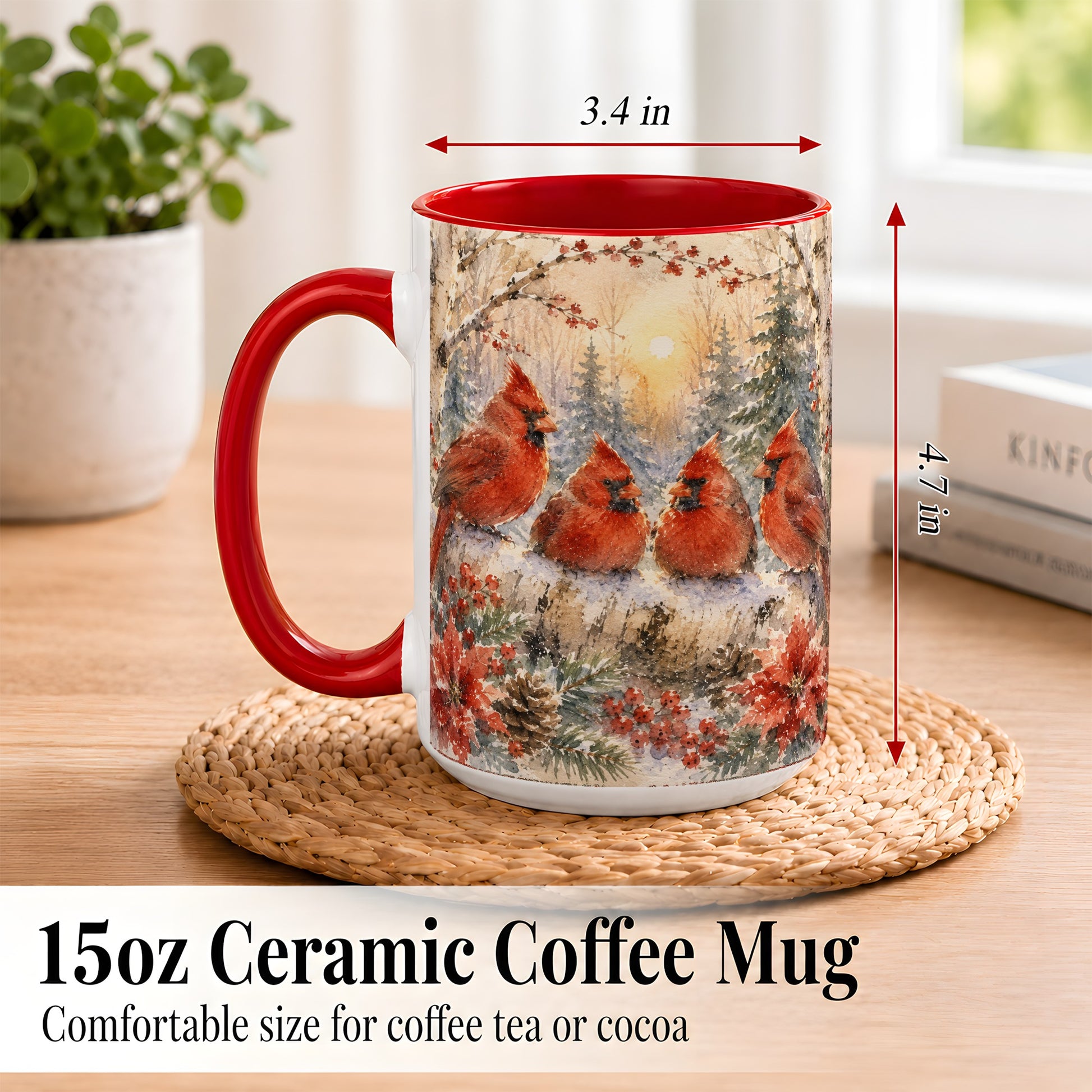 #pl[15oz|Red] Winter Cardinal Family Coffee Mug, Snowy Red Bird Mug, Ceramic Cup