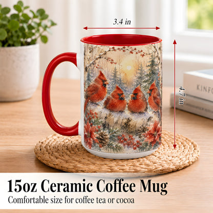 #pl[15oz|Red] Winter Cardinal Family Coffee Mug, Snowy Red Bird Mug, Ceramic Cup