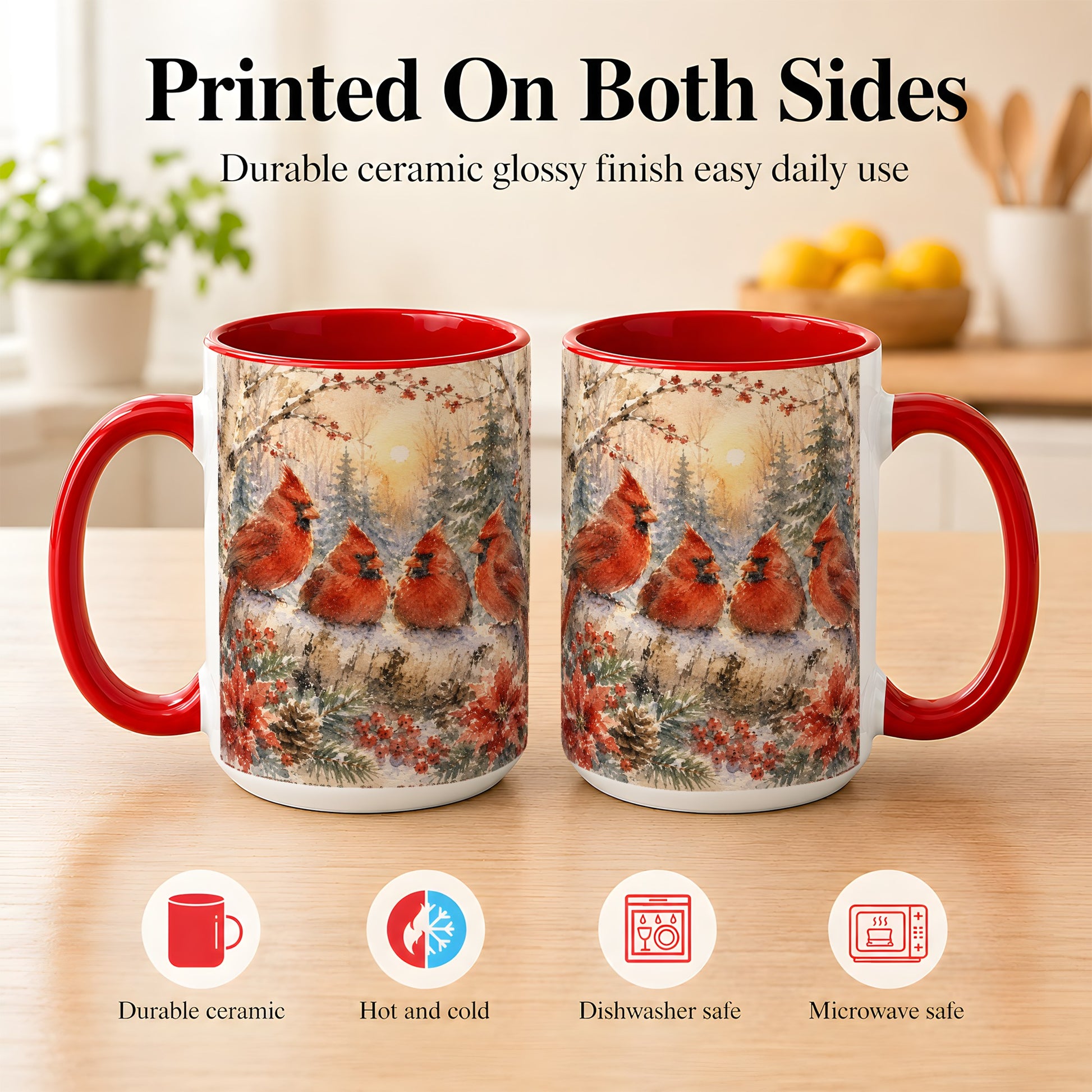 #pl[15oz|Red] Winter Cardinal Family Coffee Mug, Snowy Red Bird Mug, Ceramic Cup
