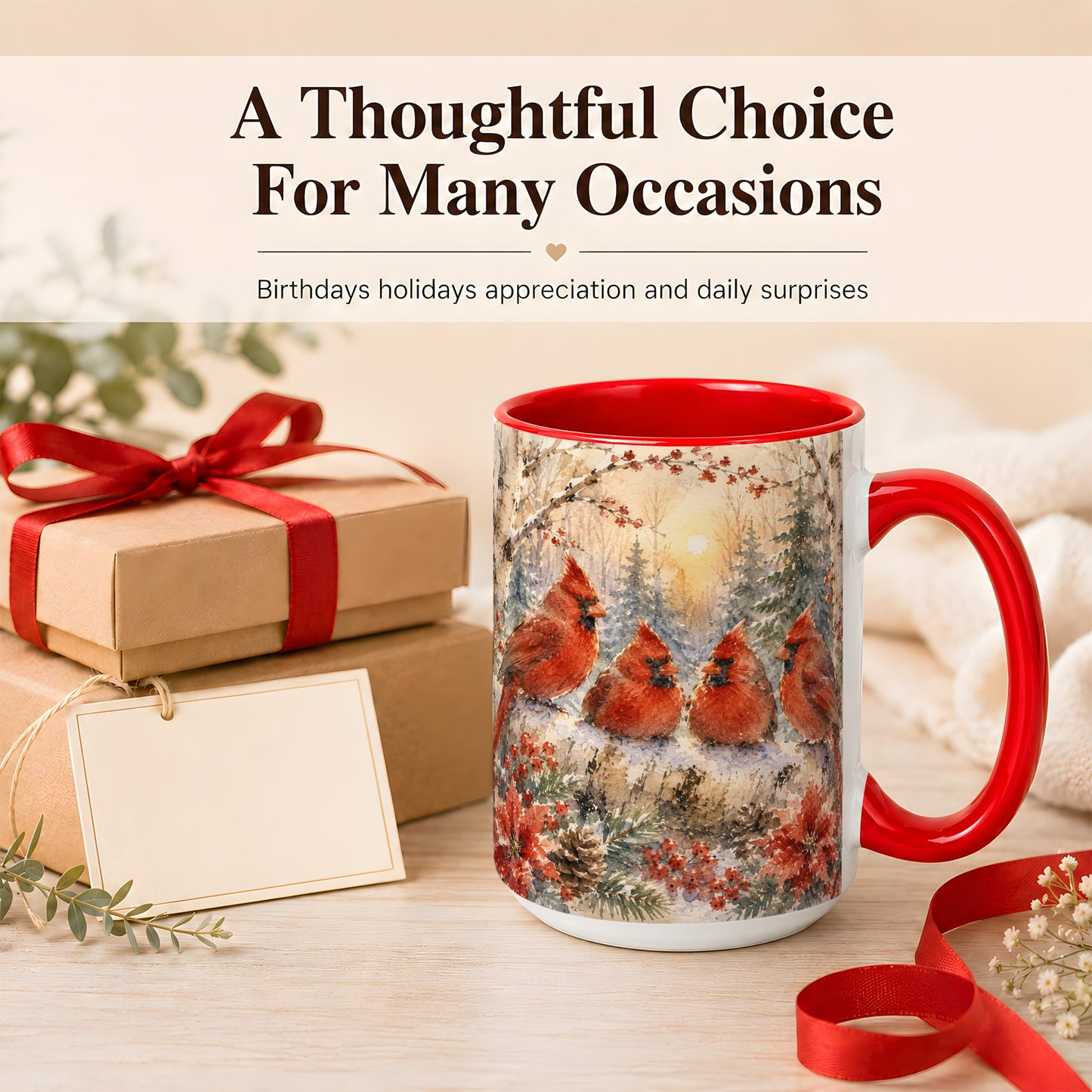 #pl[15oz|Red] Winter Cardinal Family Coffee Mug, Snowy Red Bird Mug, Ceramic Cup