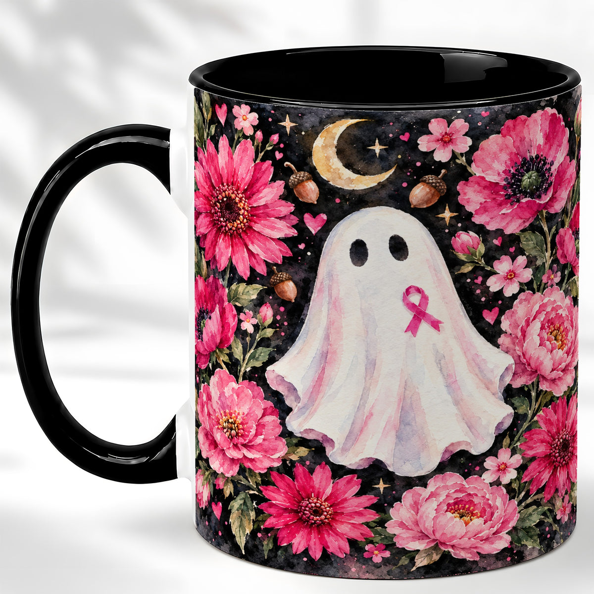 #pl[11oz|Black] Pink Floral Ghost Coffee Mug, Awareness Ribbon Moon Mug, Ceramic Cup