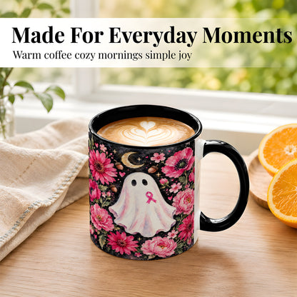 #pl[11oz|Black] Pink Floral Ghost Coffee Mug, Awareness Ribbon Moon Mug, Ceramic Cup