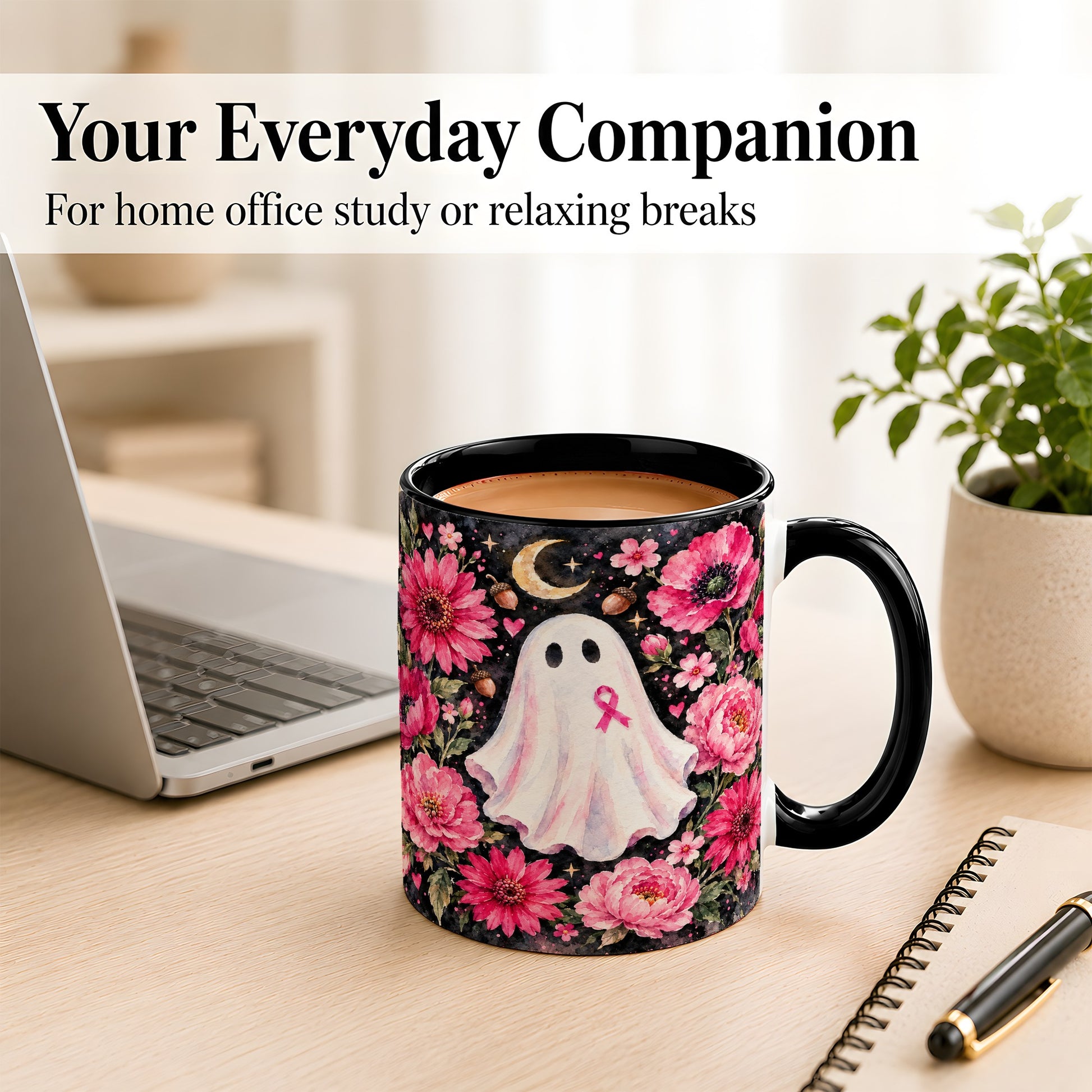 #pl[11oz|Black] Pink Floral Ghost Coffee Mug, Awareness Ribbon Moon Mug, Ceramic Cup
