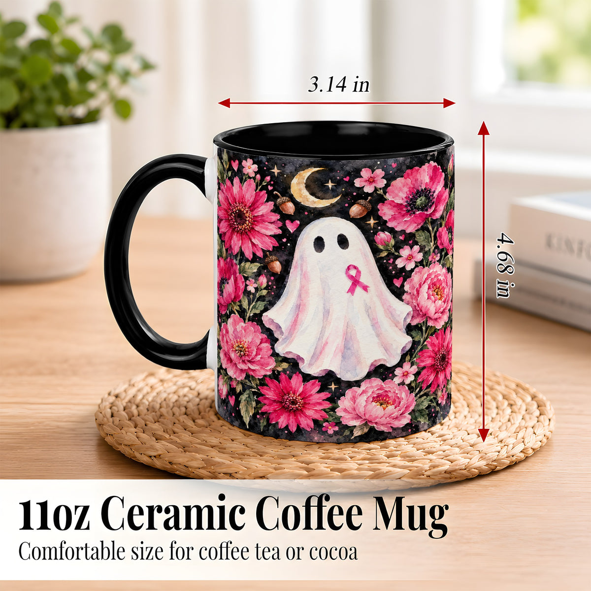 #pl[11oz|Black] Pink Floral Ghost Coffee Mug, Awareness Ribbon Moon Mug, Ceramic Cup