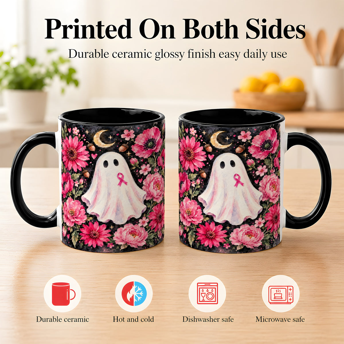 #pl[11oz|Black] Pink Floral Ghost Coffee Mug, Awareness Ribbon Moon Mug, Ceramic Cup