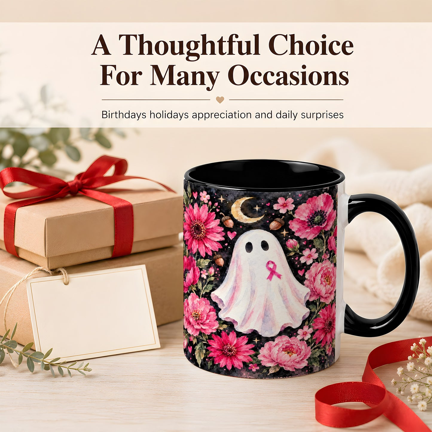 #pl[11oz|Black] Pink Floral Ghost Coffee Mug, Awareness Ribbon Moon Mug, Ceramic Cup