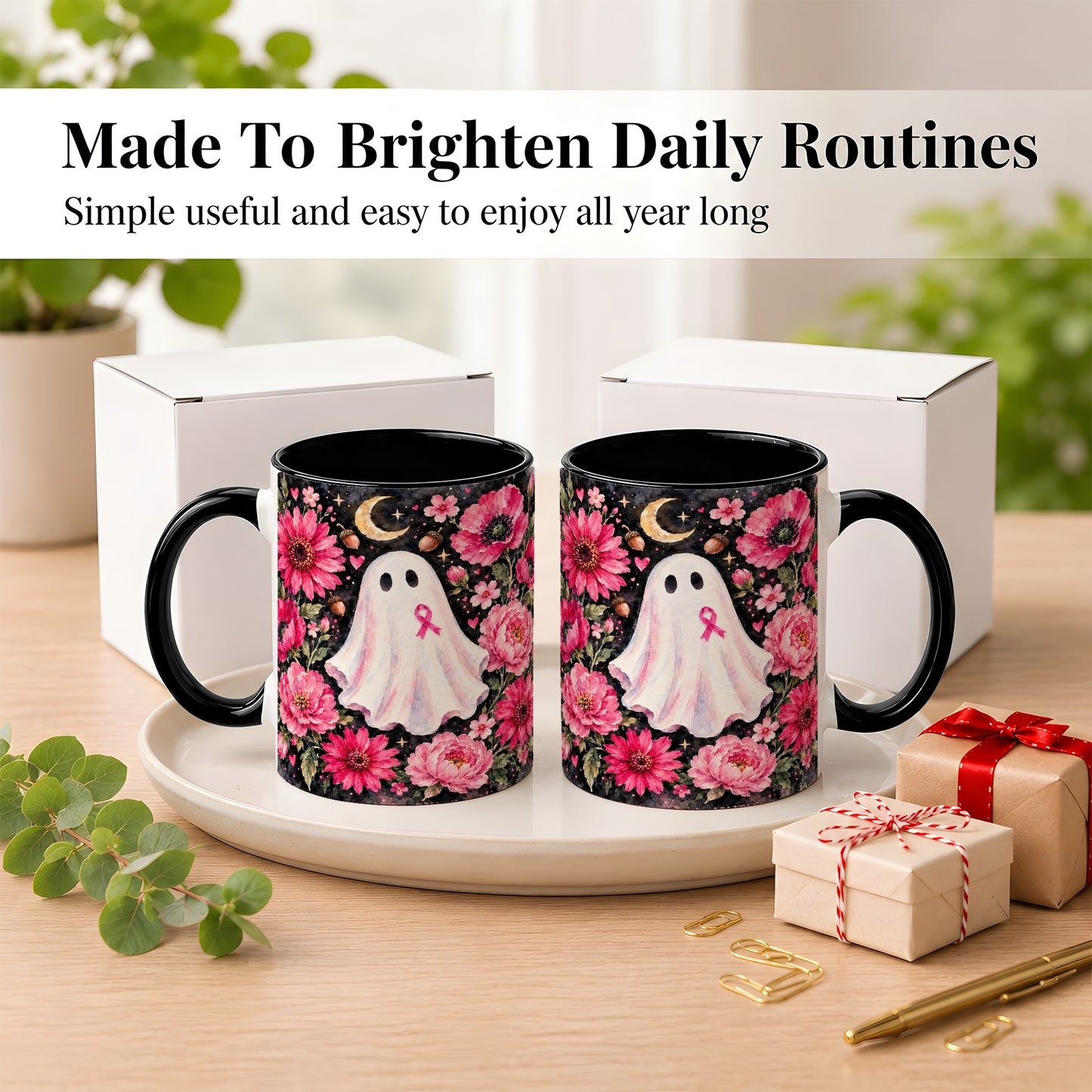#pl[11oz|Black] Pink Floral Ghost Coffee Mug, Awareness Ribbon Moon Mug, Ceramic Cup