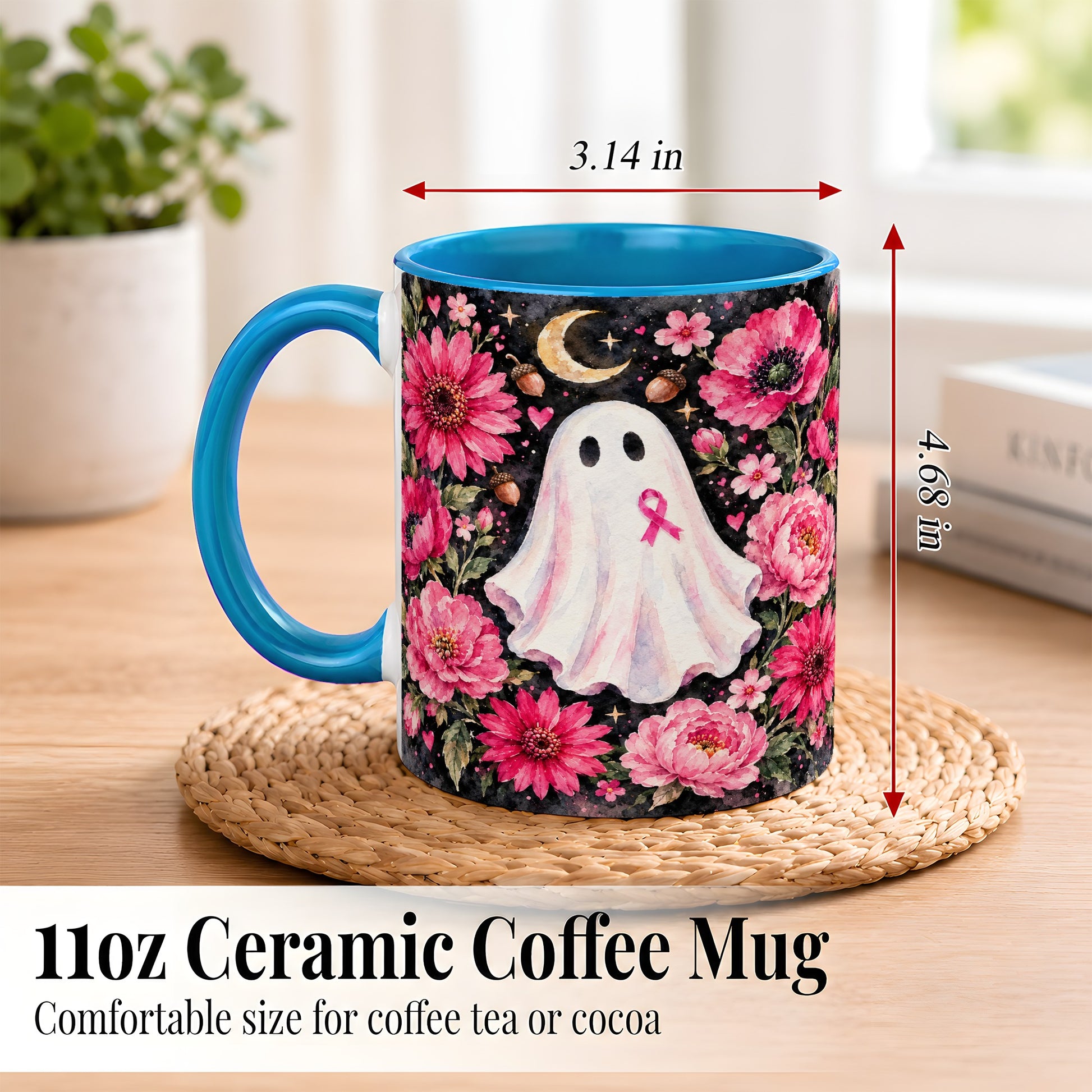 #pl[11oz|Blue] Pink Floral Ghost Coffee Mug, Awareness Ribbon Moon Mug, Ceramic Cup