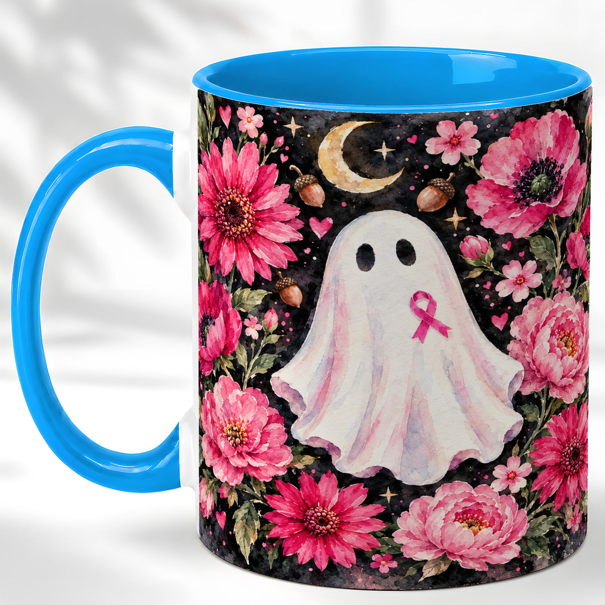 #pl[11oz|Blue] Pink Floral Ghost Coffee Mug, Awareness Ribbon Moon Mug, Ceramic Cup
