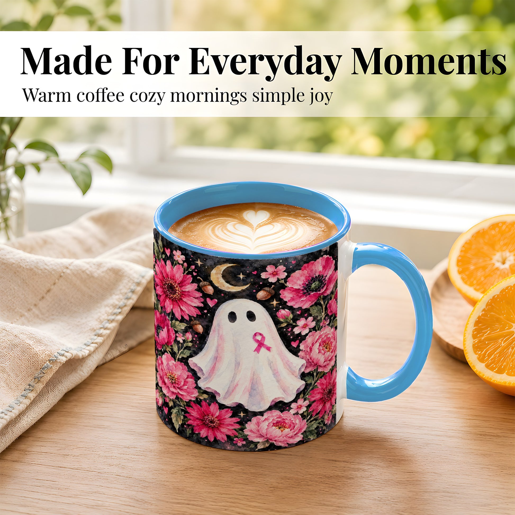 #pl[11oz|Blue] Pink Floral Ghost Coffee Mug, Awareness Ribbon Moon Mug, Ceramic Cup