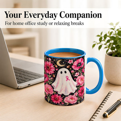 #pl[11oz|Blue] Pink Floral Ghost Coffee Mug, Awareness Ribbon Moon Mug, Ceramic Cup