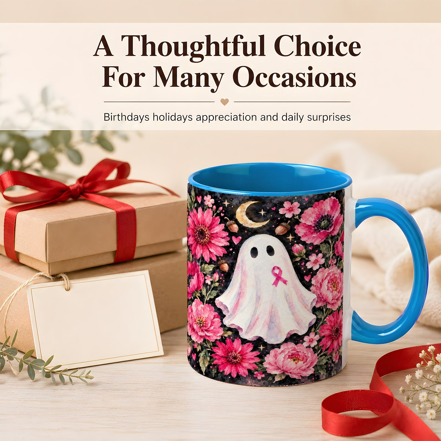 #pl[11oz|Blue] Pink Floral Ghost Coffee Mug, Awareness Ribbon Moon Mug, Ceramic Cup