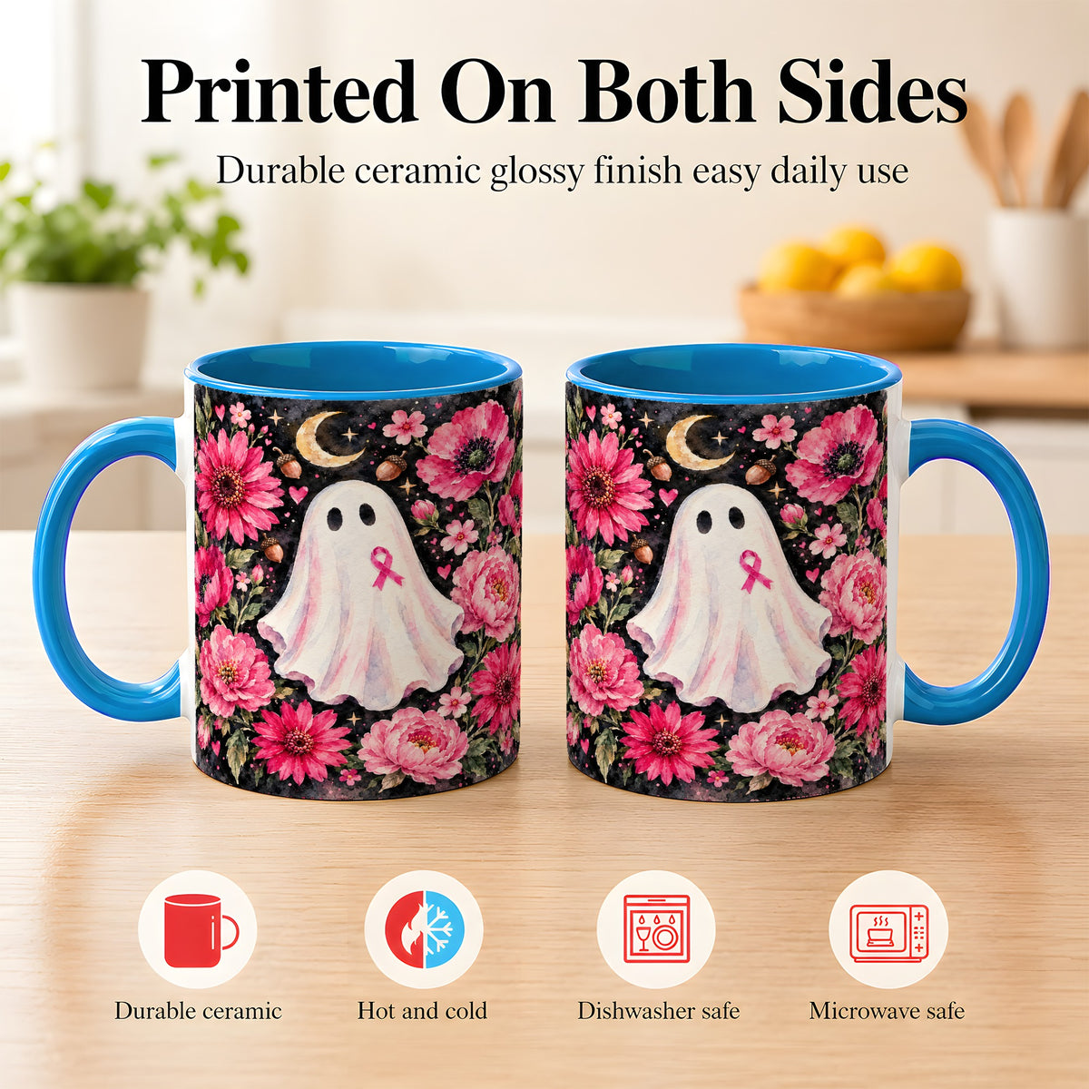 #pl[11oz|Blue] Pink Floral Ghost Coffee Mug, Awareness Ribbon Moon Mug, Ceramic Cup