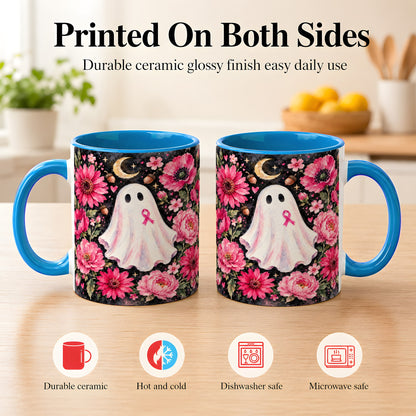 #pl[11oz|Blue] Pink Floral Ghost Coffee Mug, Awareness Ribbon Moon Mug, Ceramic Cup