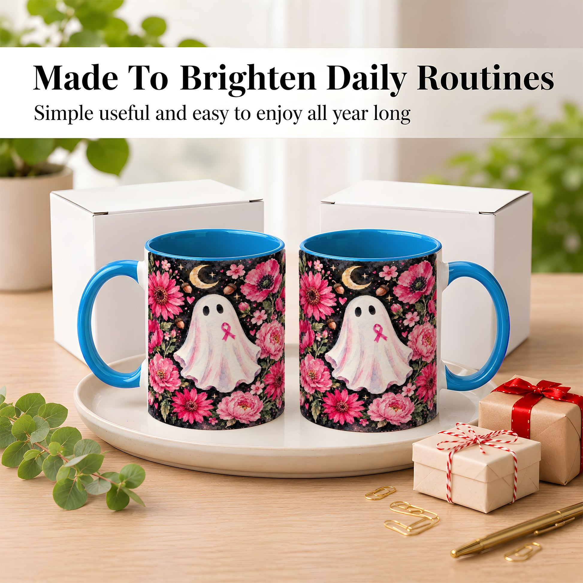 #pl[11oz|Blue] Pink Floral Ghost Coffee Mug, Awareness Ribbon Moon Mug, Ceramic Cup