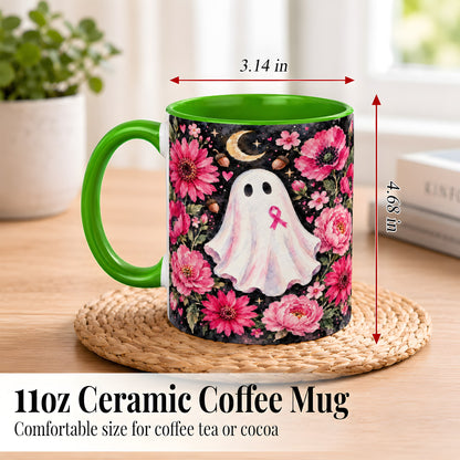#pl[11oz|Green] Pink Floral Ghost Coffee Mug, Awareness Ribbon Moon Mug, Ceramic Cup