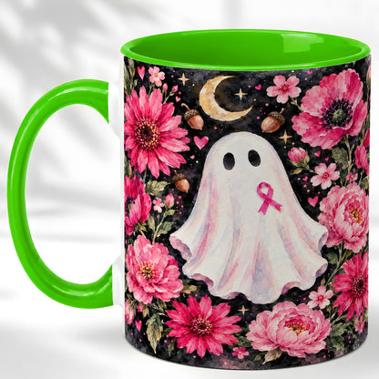#pl[11oz|Green] Pink Floral Ghost Coffee Mug, Awareness Ribbon Moon Mug, Ceramic Cup