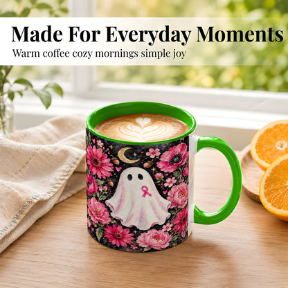 #pl[11oz|Green] Pink Floral Ghost Coffee Mug, Awareness Ribbon Moon Mug, Ceramic Cup