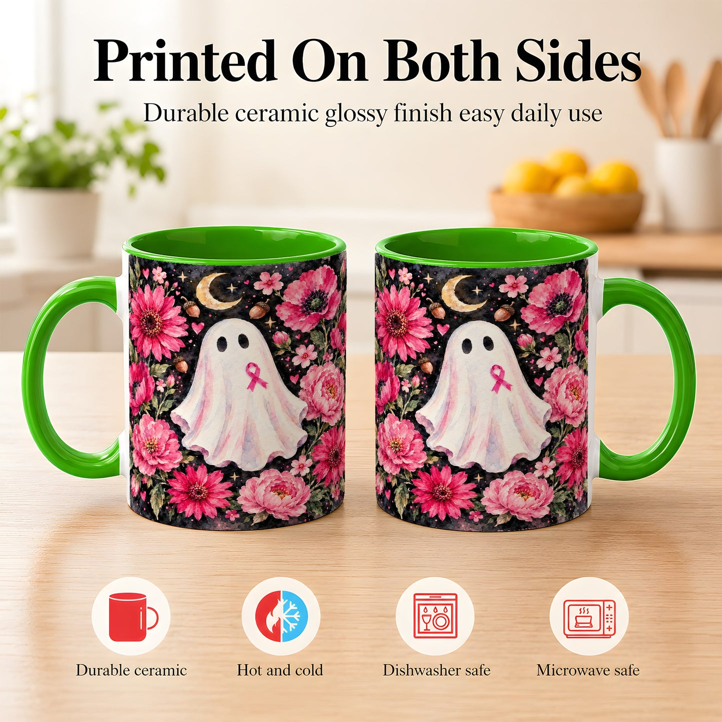 #pl[11oz|Green] Pink Floral Ghost Coffee Mug, Awareness Ribbon Moon Mug, Ceramic Cup