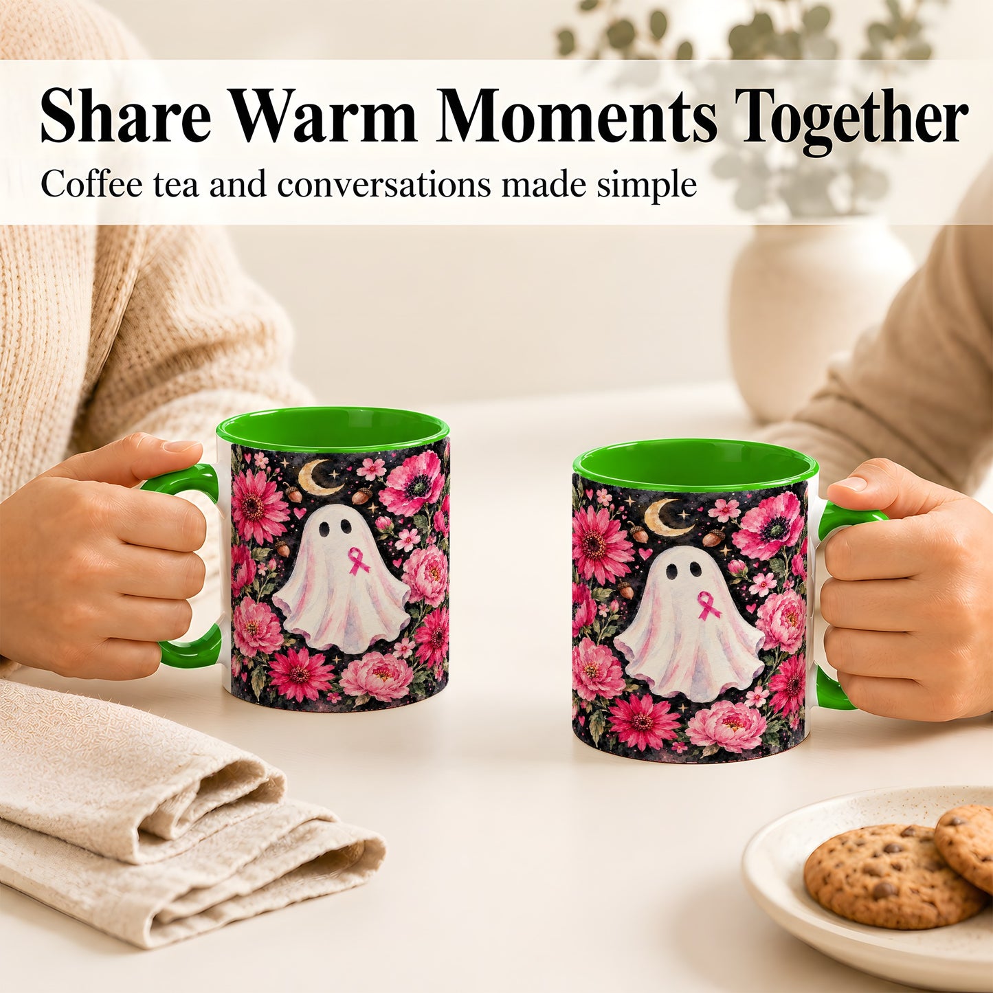 #pl[11oz|Green] Pink Floral Ghost Coffee Mug, Awareness Ribbon Moon Mug, Ceramic Cup
