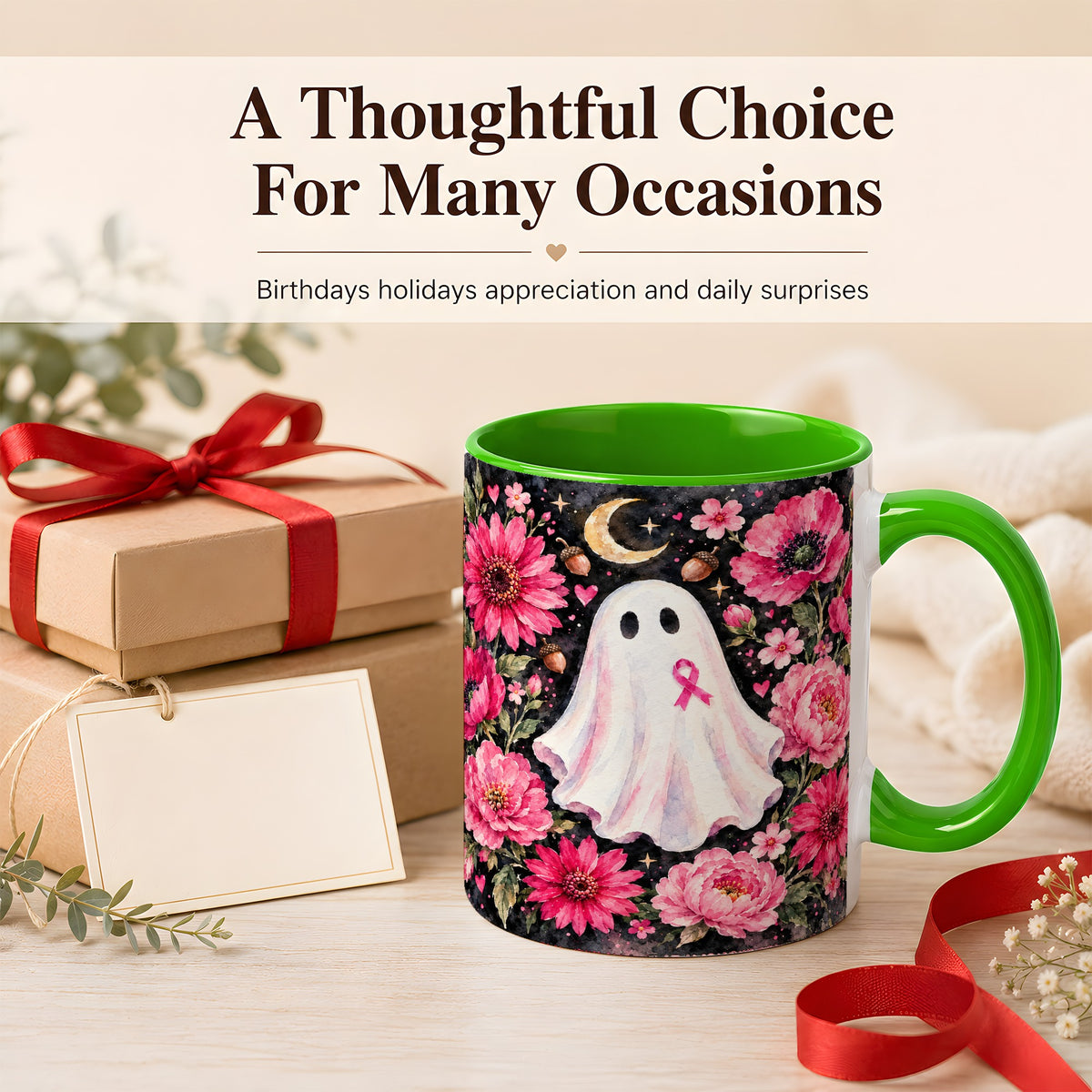 #pl[11oz|Green] Pink Floral Ghost Coffee Mug, Awareness Ribbon Moon Mug, Ceramic Cup