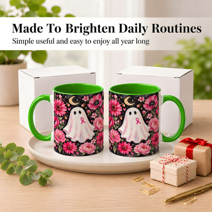 #pl[11oz|Green] Pink Floral Ghost Coffee Mug, Awareness Ribbon Moon Mug, Ceramic Cup