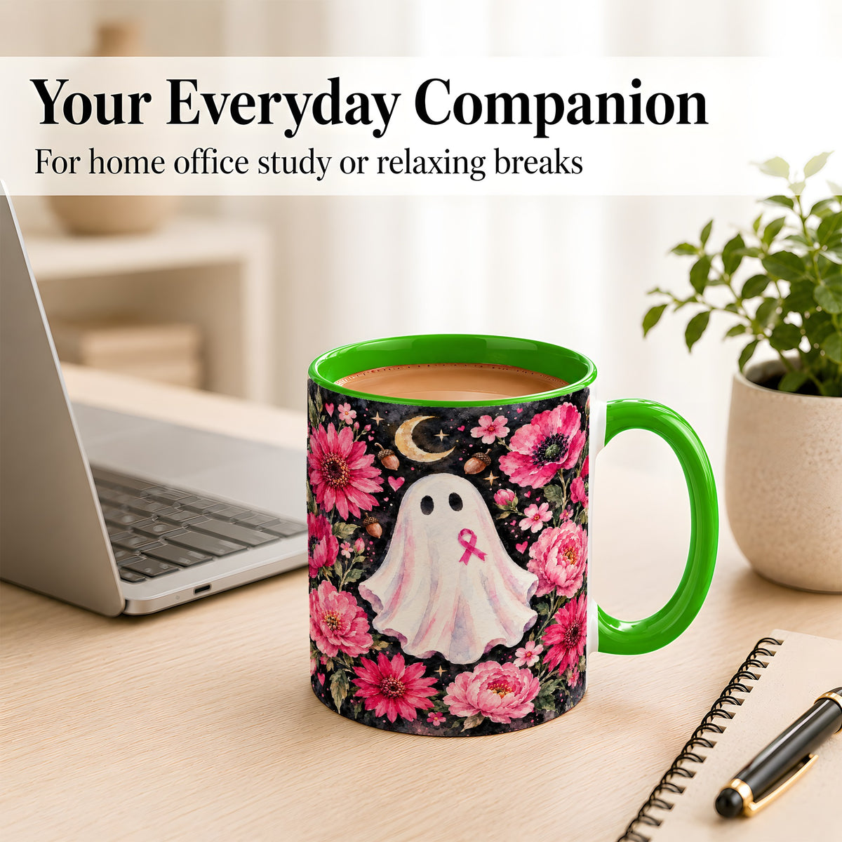 #pl[11oz|Green] Pink Floral Ghost Coffee Mug, Awareness Ribbon Moon Mug, Ceramic Cup
