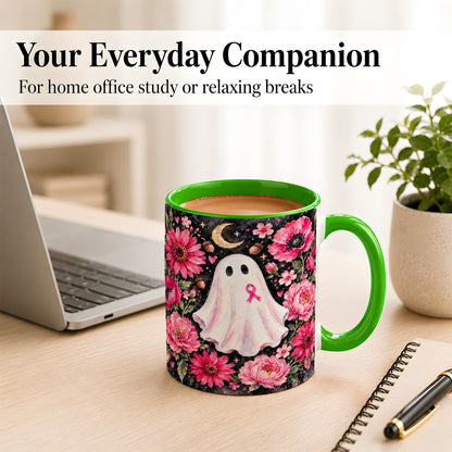 #pl[11oz|Green] Pink Floral Ghost Coffee Mug, Awareness Ribbon Moon Mug, Ceramic Cup