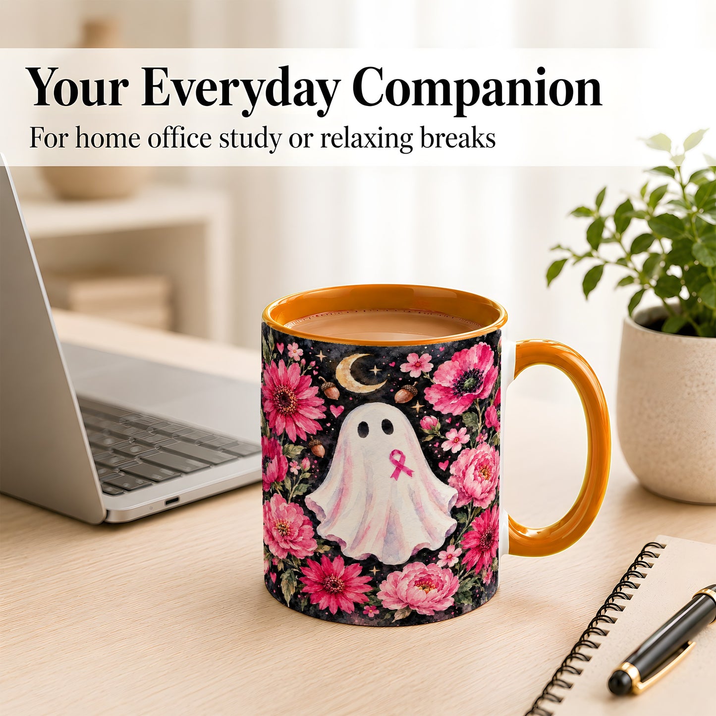 #pl[11oz|Orange] Pink Floral Ghost Coffee Mug, Awareness Ribbon Moon Mug, Ceramic Cup