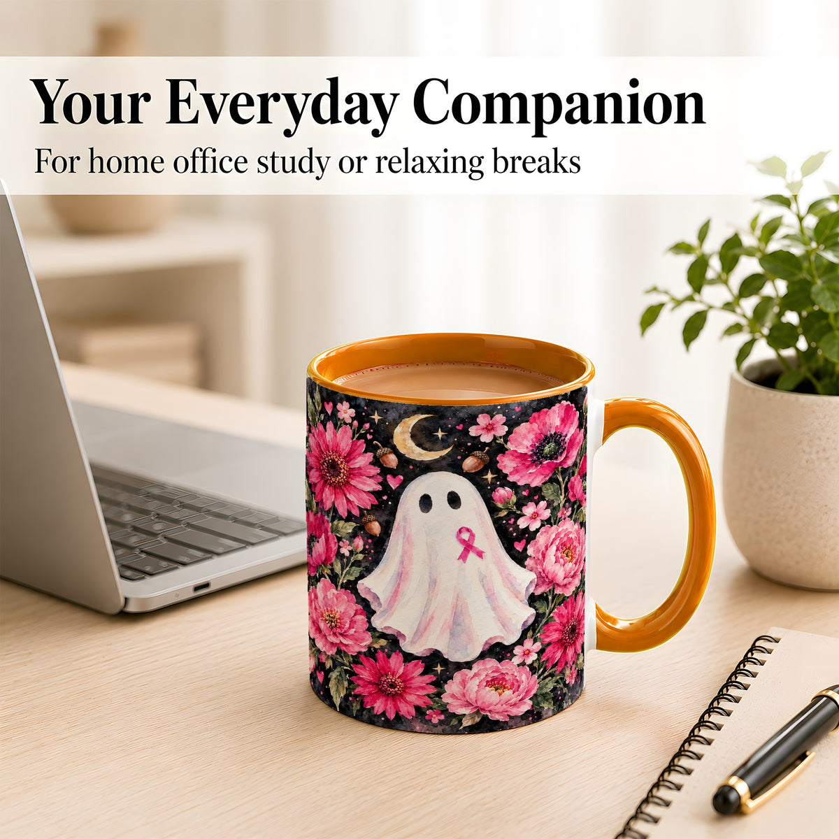 #pl[11oz|Orange] Pink Floral Ghost Coffee Mug, Awareness Ribbon Moon Mug, Ceramic Cup