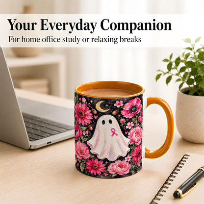 #pl[11oz|Orange] Pink Floral Ghost Coffee Mug, Awareness Ribbon Moon Mug, Ceramic Cup
