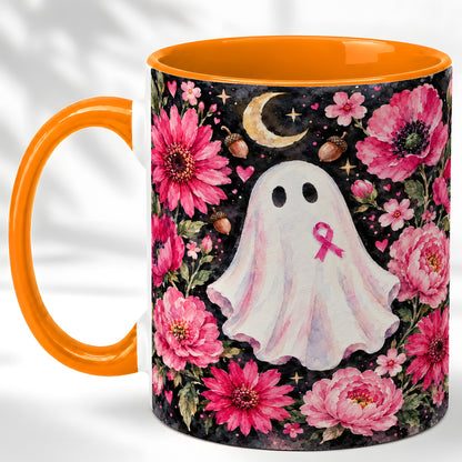 #pl[11oz|Orange] Pink Floral Ghost Coffee Mug, Awareness Ribbon Moon Mug, Ceramic Cup