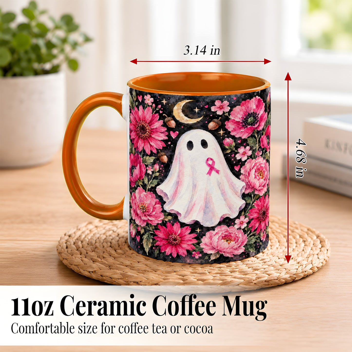 #pl[11oz|Orange] Pink Floral Ghost Coffee Mug, Awareness Ribbon Moon Mug, Ceramic Cup