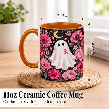 #pl[11oz|Orange] Pink Floral Ghost Coffee Mug, Awareness Ribbon Moon Mug, Ceramic Cup