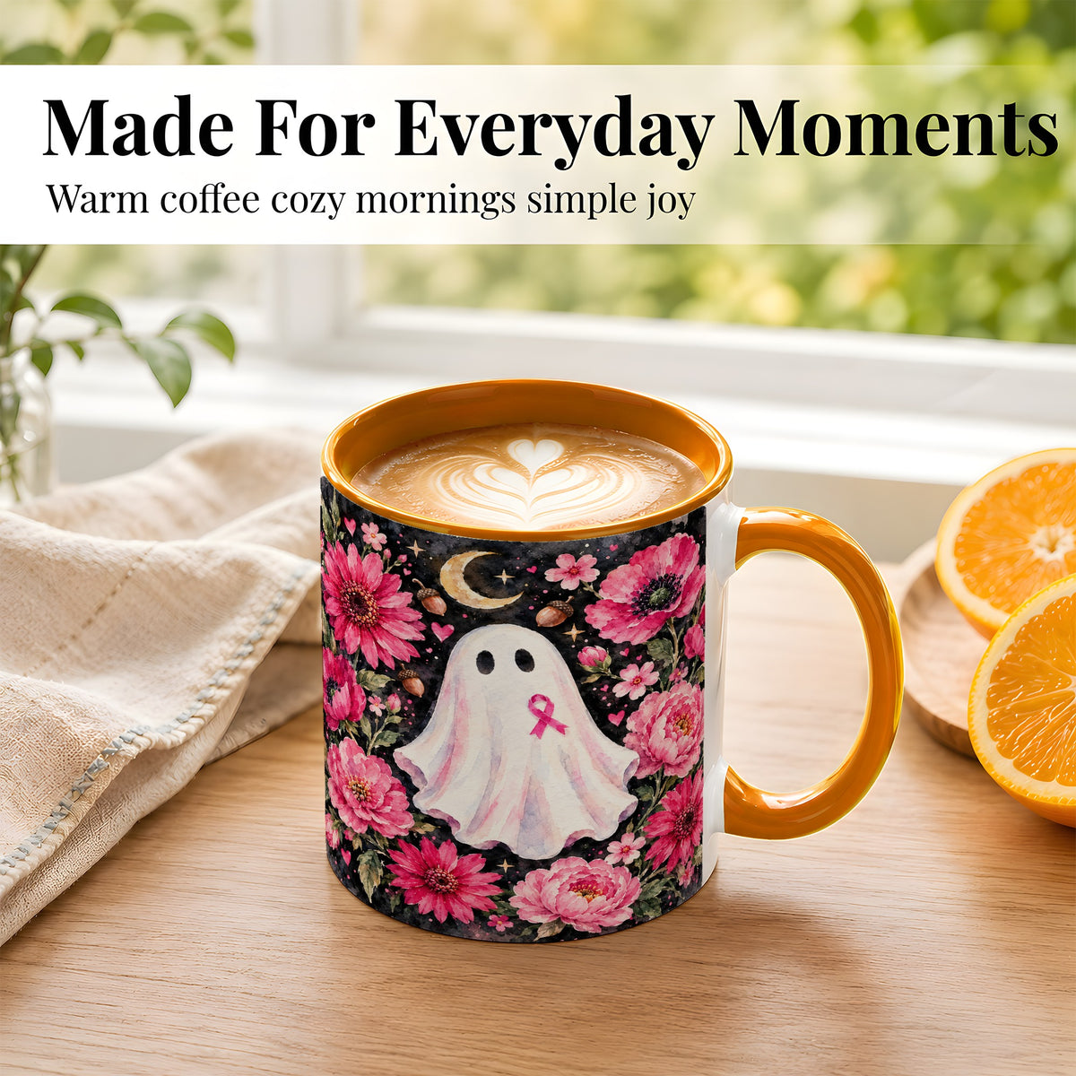 #pl[11oz|Orange] Pink Floral Ghost Coffee Mug, Awareness Ribbon Moon Mug, Ceramic Cup